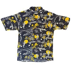 Avanti | Vintage Women's Silk Hula Moon Dancer Print Navy Aloha Short Sleeve XS